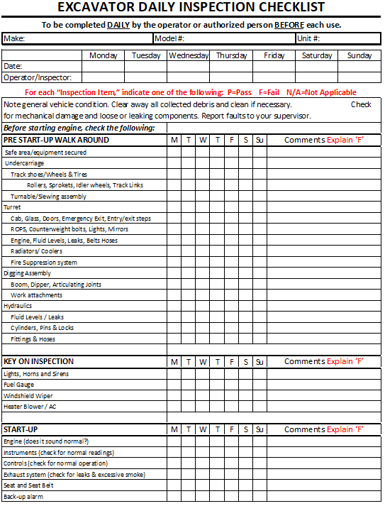Excavator Daily Inspection Checklist